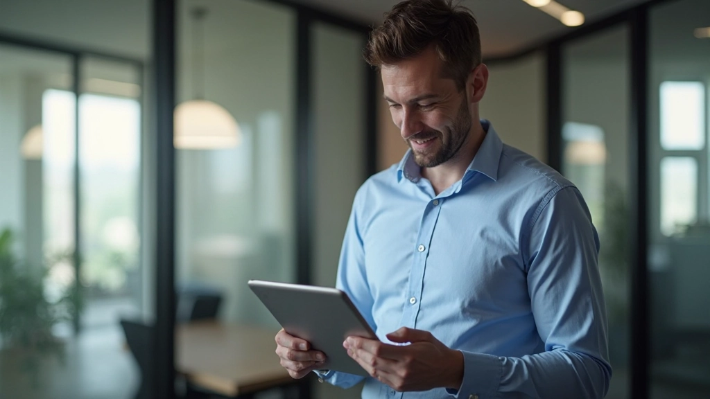Geschäftsmann mit Tablet überprüft Kapitalanlagen und Vermögensaufbau Strategien