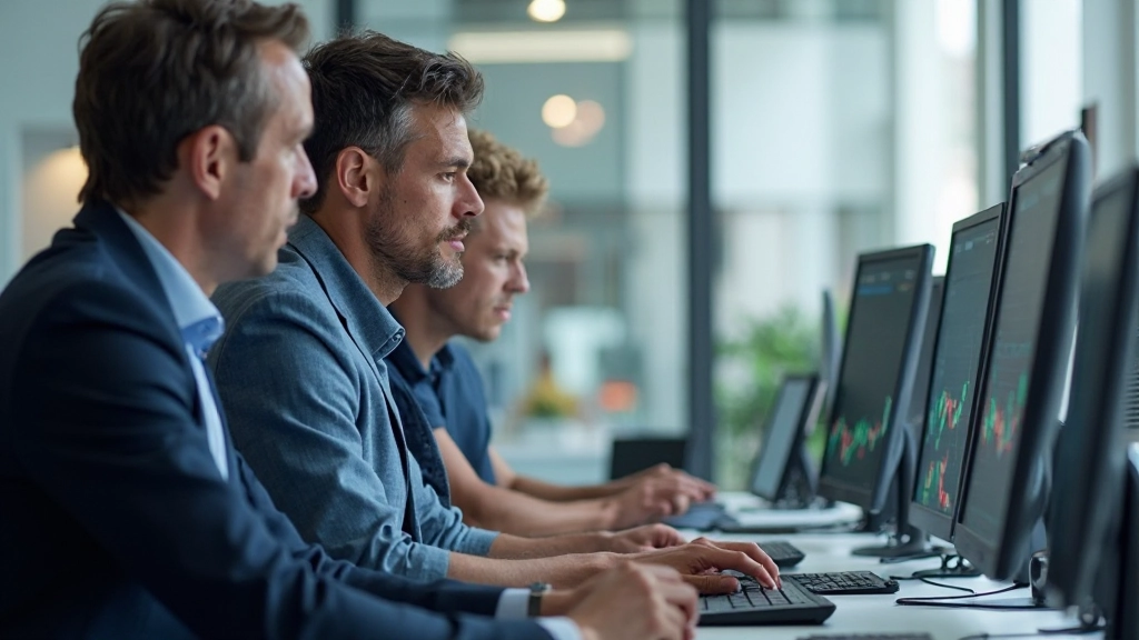 Gruppe von Tradern analysiert gemeinsam Marktdaten und Diagramme an einem modernen Arbeitsplatz