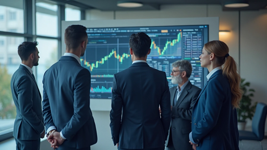 Geschäftsleute analysieren Wirtschaftsdiagramme und Markttrends auf großem Monitor im Büro