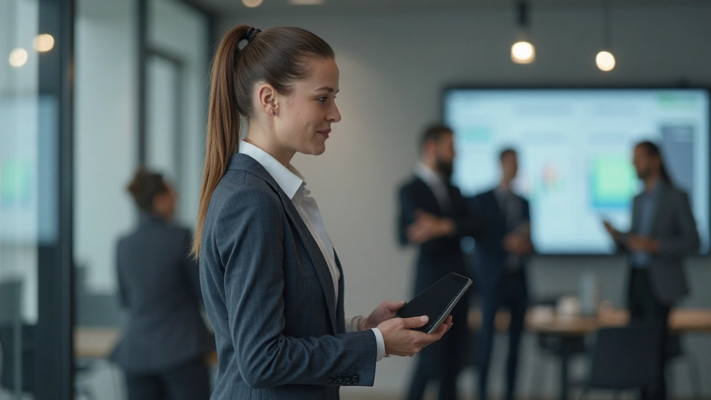 Geschäftsfrau hält Tablet und präsentiert Finanzberichte in modernem Konferenzraum