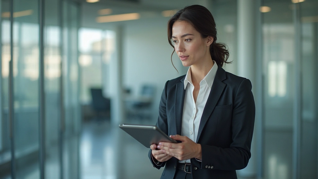 Finanzprofessionelle mit Tablet bespricht Anlageoptionen in modernem Konferenzraum