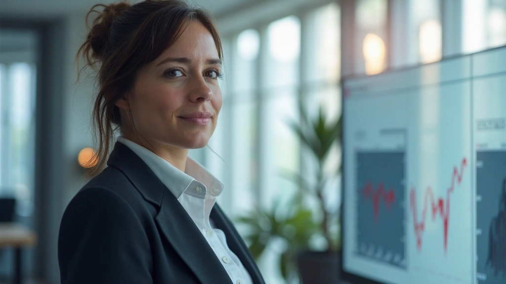 Professionelle Finanzanalystin arbeitet an modernem Arbeitsplatz mit Finanzdiagrammen und Datenvisualisierungen auf mehreren Bildschirmen