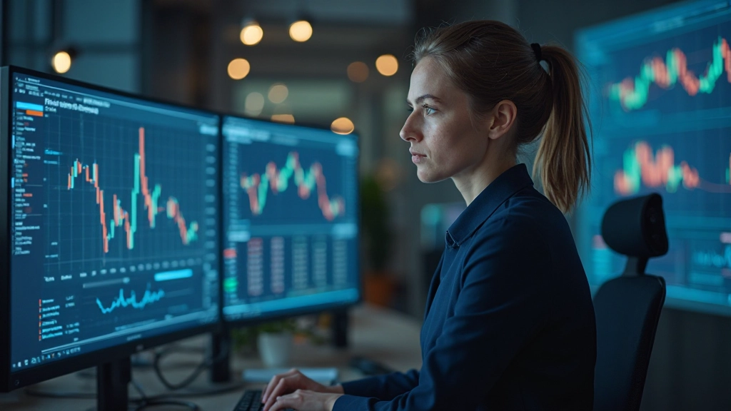 Professionelle Finanzanalystin überprüft komplexe Marktdaten auf mehreren Monitoren