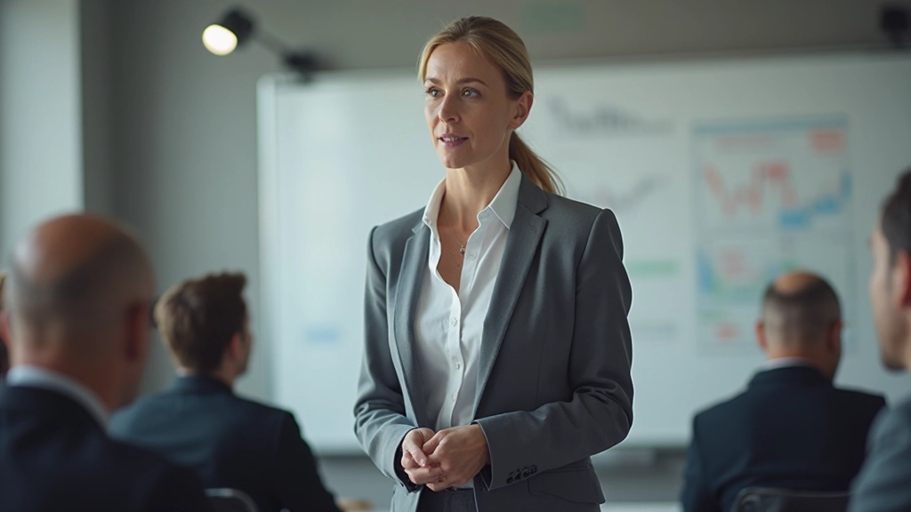 Erfahrene Finanzprofessorin unterrichtet Handelskonzepte in modernem Klassenzimmer