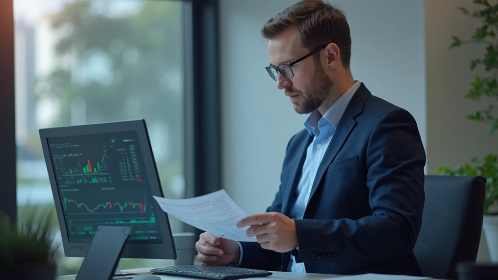 Finanzanalytiker überprüft Volatilitätsindikatoren und statistische Daten auf Bildschirm