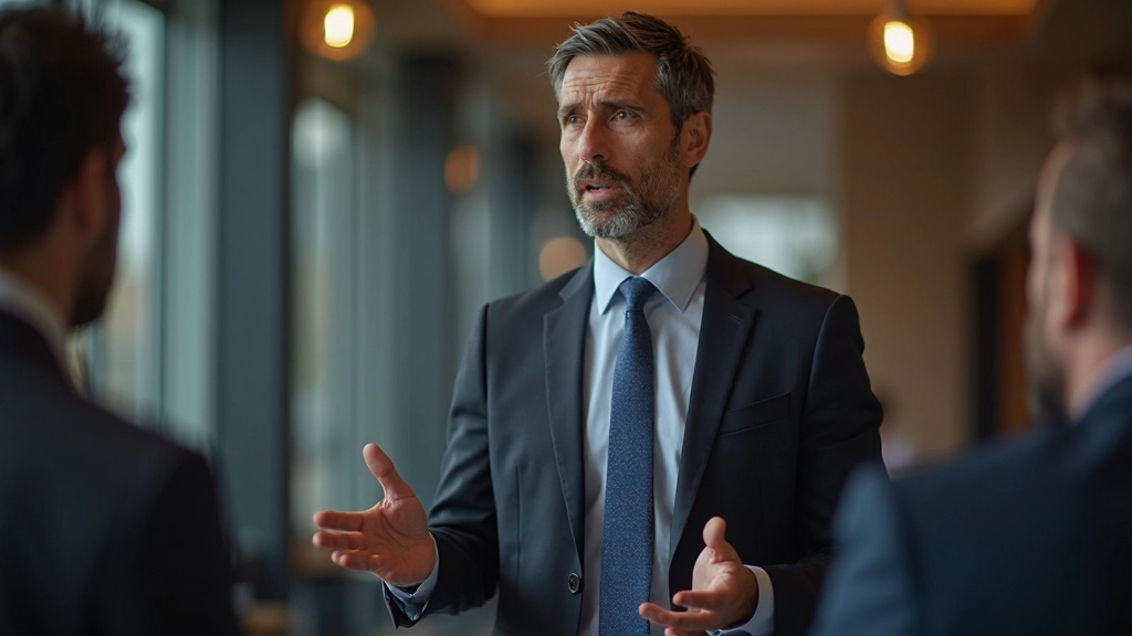 Finanzanalyst mit Brille präsentiert Geschäftsergebnisse und Marktausblick im Büro