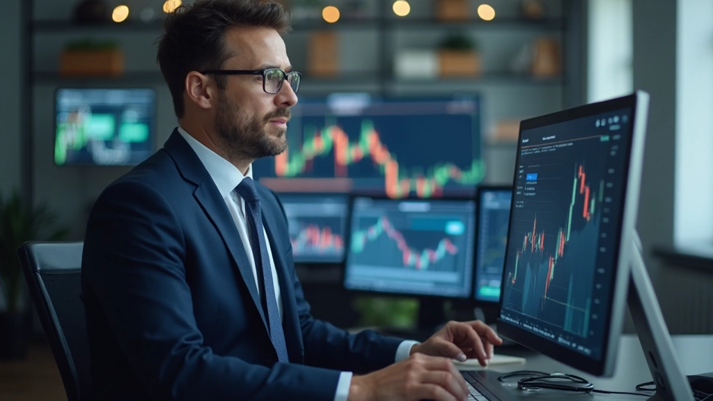 Professioneller Finanzanalyst mit Anzug überprüft Aktienperformance auf Desktop-Setup