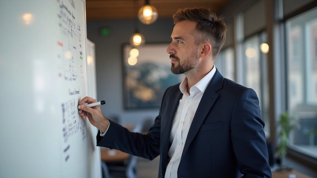 Finanzanalyst erklärt Risikomanagement-Konzepte an Whiteboard vor Publikum