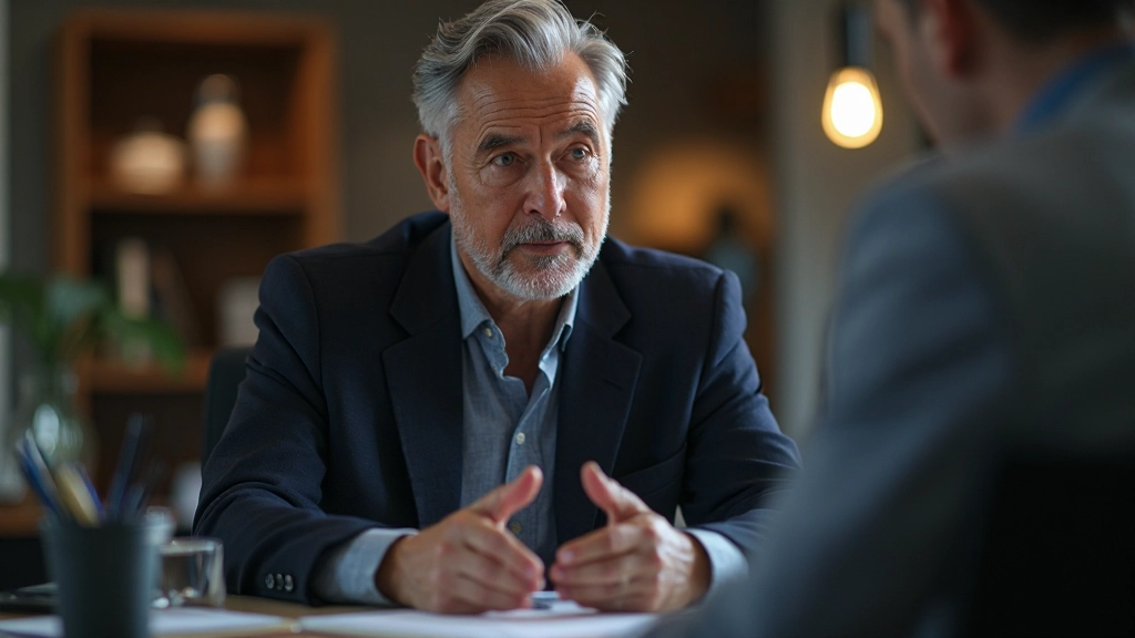 Finanzberater diskutiert Anlagestrategien mit Klient an Schreibtisch mit Unterlagen