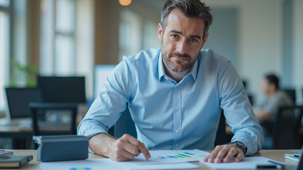 Fachmann erklärt Finanzkonzepte mit Grafiken und Charts an modernem Arbeitsplatz