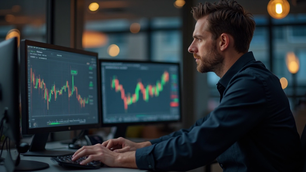 Trader sitzt am Schreibtisch mit mehreren Monitoren und analysiert Live-Marktdaten in professioneller Trading-Plattform