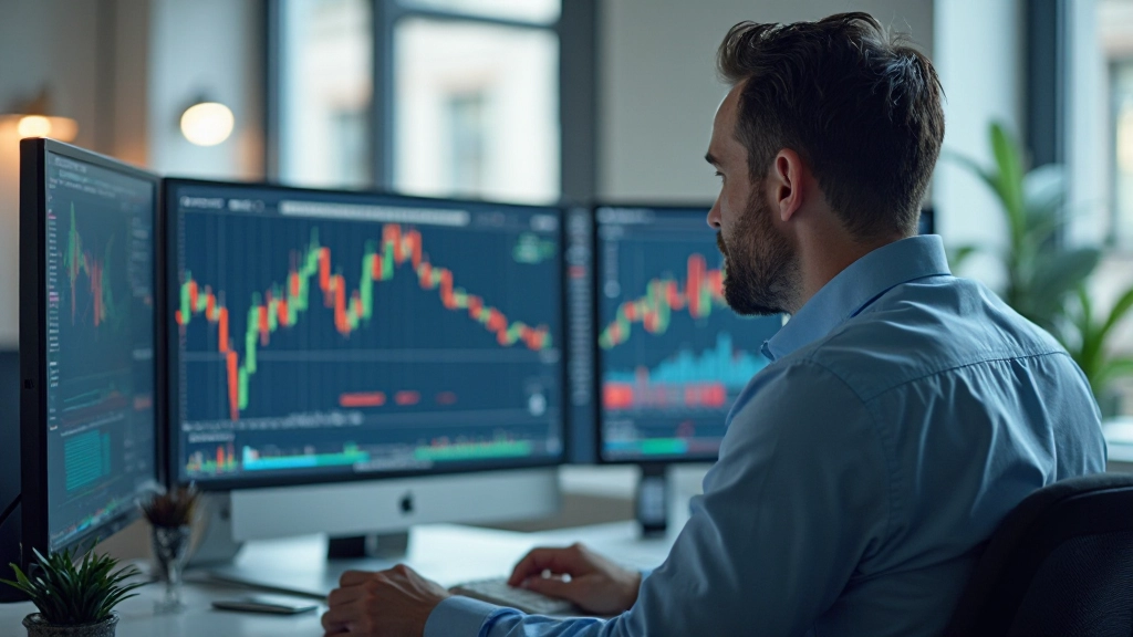 Professioneller Händler analysiert Finanzdiagramme auf mehreren Monitoren im modernen Büro