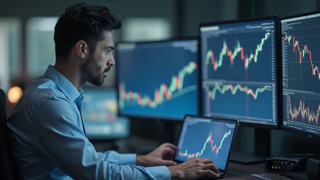 Trader analysiert Live-Börsendaten auf mehreren Bildschirmen mit wirtschaftlichen Diagrammen