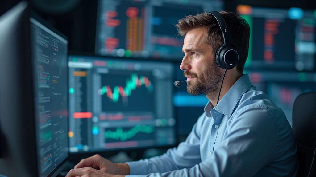 Professioneller Trader mit Headset überwacht Live-Marktdaten auf mehreren Bildschirmen