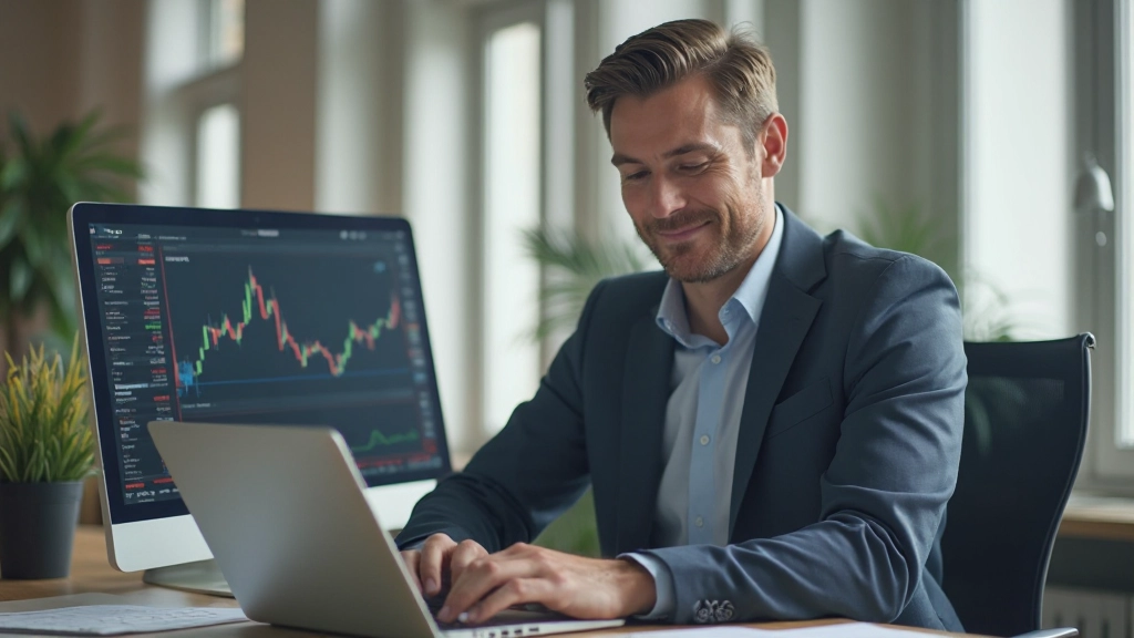 Zufriedener Trader sitzt am Schreibtisch und überprüft erfolgreiche Handelsresultate auf Monitor