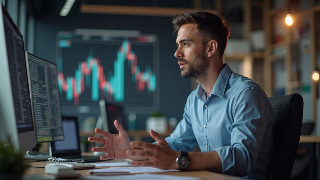 Finanzanalyst erläutert technische Analyse und Chart-Muster mit Stift auf Diagramm während Trainingssesson