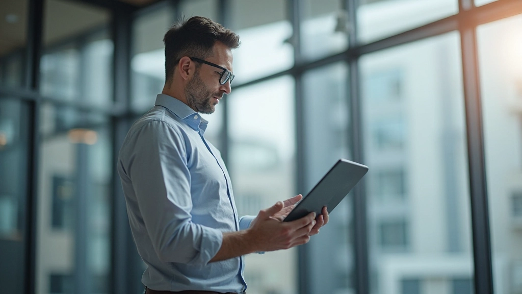 Professioneller Trader mit Tablet überprüft Echtzeit-Marktdaten und Börsentrends