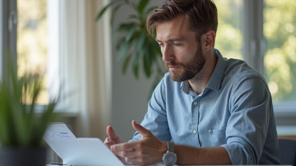 Junger Investor analysiert Portfolio-Performance und Markttrends auf Laptop und Tablet