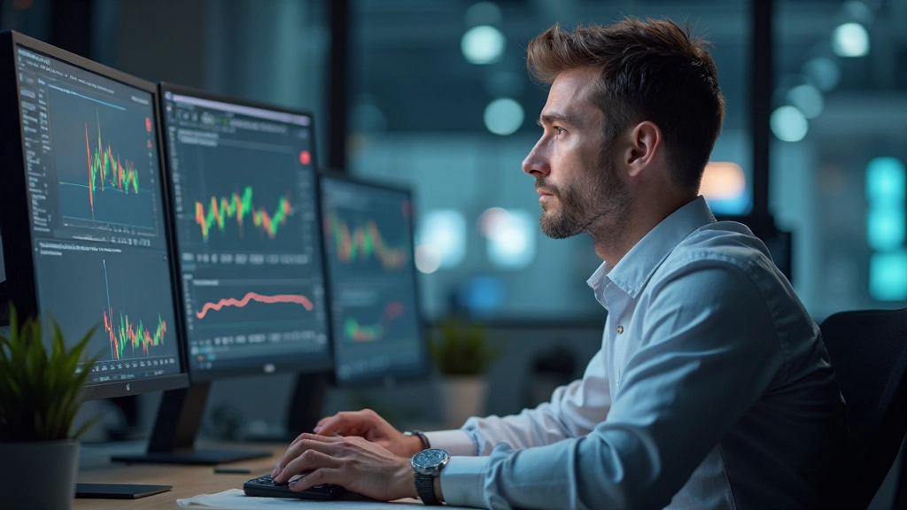 Finanzfachmann nutzt mehrere Bildschirme mit komplexen Marktdaten, Charts und Analysewerkzeugen in modernem Handelszentrum