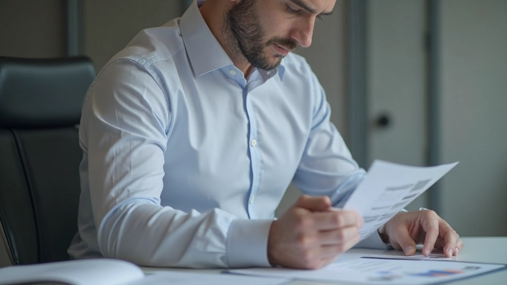 Trader überprüft Handelsplan auf Papier mit Finanzdiagrammen im Hintergrund