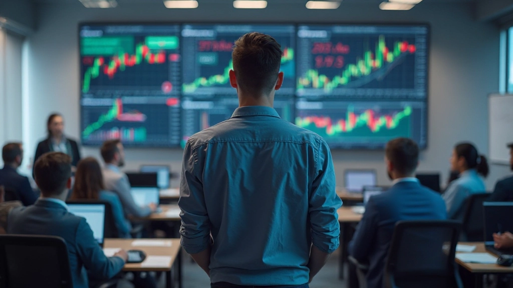 Modernes Finanzbildungs-Klassenzimmer mit Handelsterminals