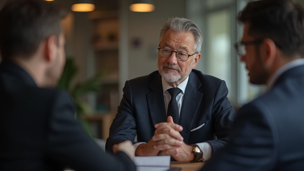 Erfahrener Finanzberater erklärt Anlagekonzepte mit Charts während Kundentermin