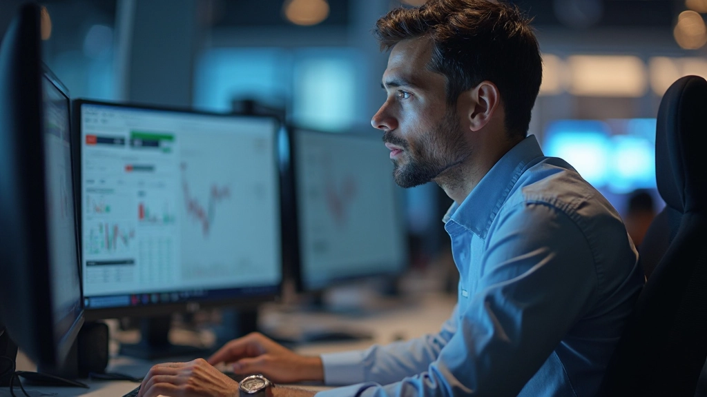 Trader beobachtet Echtzeit-Marktdaten auf mehreren Bildschirmen mit technischen Indikatoren