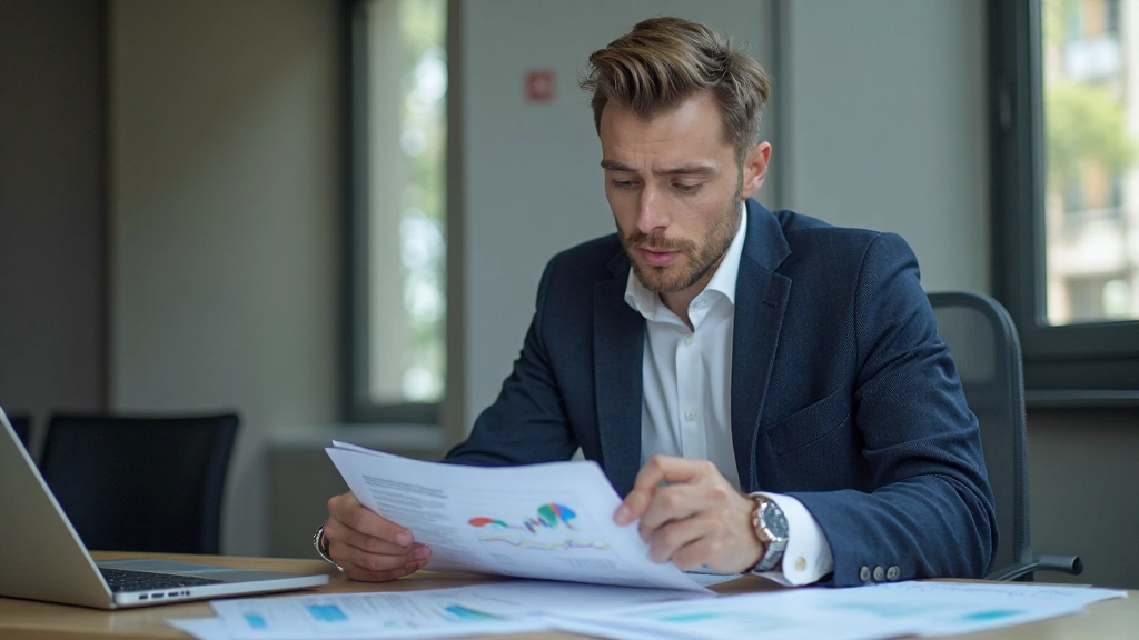 Trader studiert Geschäftsberichte und Finanzausdrucke an modernem Arbeitsplatz