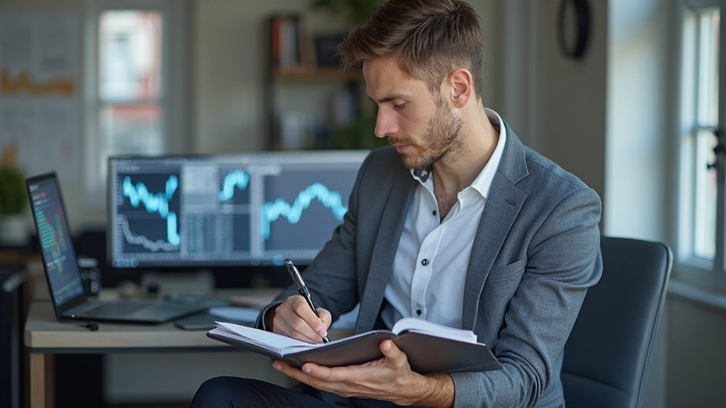 Professionelle Darstellung eines strukturierten Handelsjournals mit Metriken und Grafiken auf dem Schreibtisch