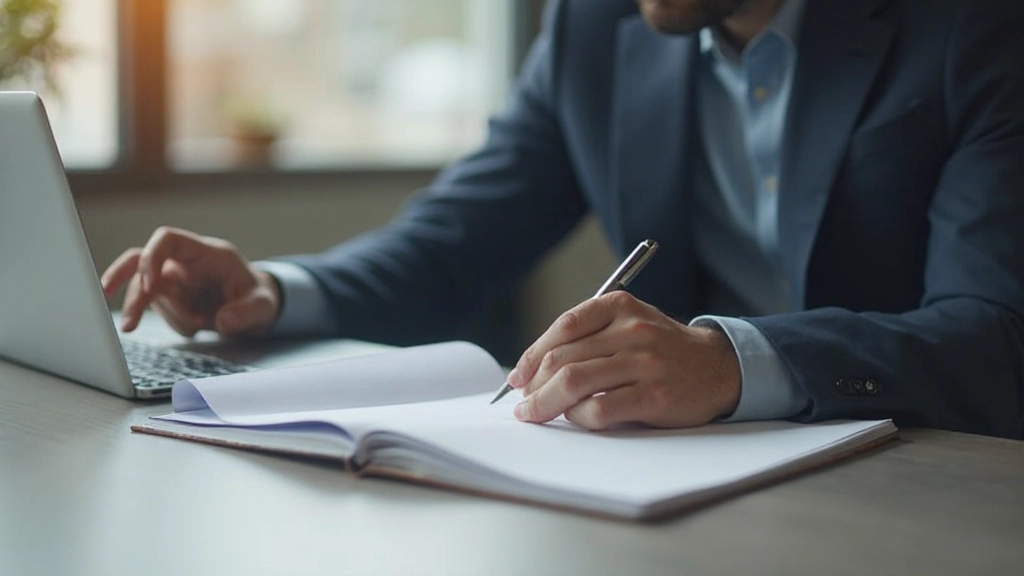 Handelsplan-Vorlage mit Handschrift auf Schreibtisch neben Laptop und Finanzdiagrammen