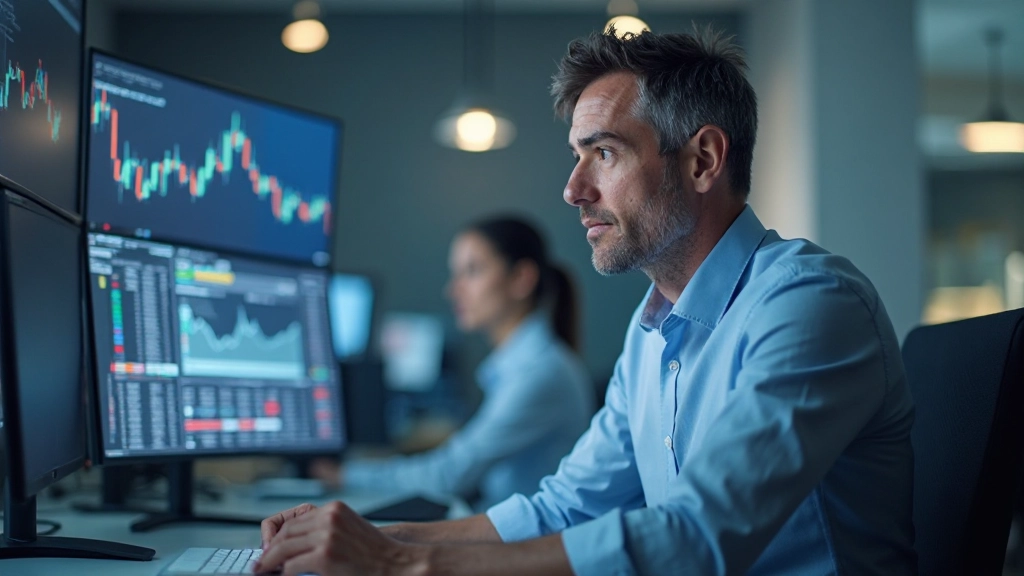 Trader mit mehreren Bildschirmen analysiert verschiedene Handelsstrategien und Marktszenarien
