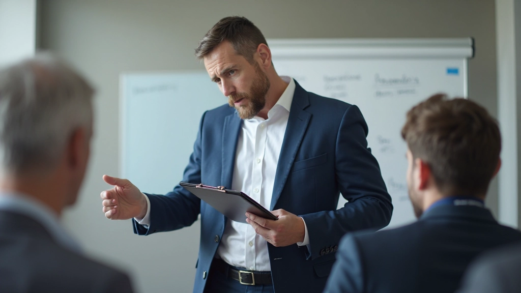 Moderator leitet Handels-Lerngruppensitzung mit strukturiertem Agenda-Plan in modernem Konferenzraum
