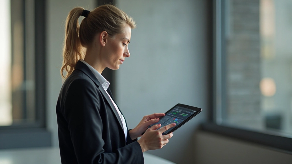 Junge professionelle Frau mit Tablet analysiert Finanzmetriken und Investitionsdaten