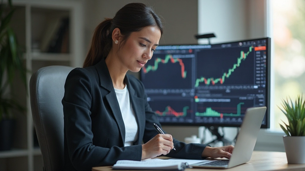 Professioneller Trader notiert Handelsnotizen in ein physisches Journal während er Charts auf mehreren Bildschirmen analysiert
