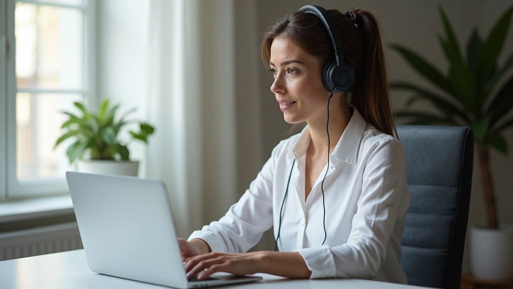 Geschäftsfrau mit Kopfhörern nimmt an Online-Finanztraining oder Webinar teil