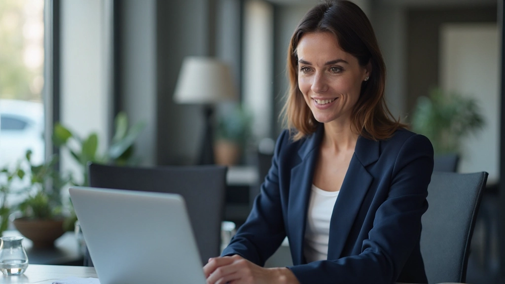 Erfolgreiche Anlegerin präsentiert steigende Portfolio-Performance-Charts mit zufriedenem Ausdruck am Computer