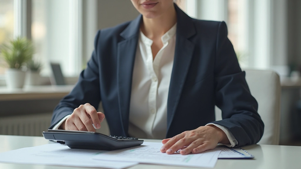 Finanzfachfrau analysiert Budgetplan und Finanzinformationen auf dem Schreibtisch mit Taschenrechner
