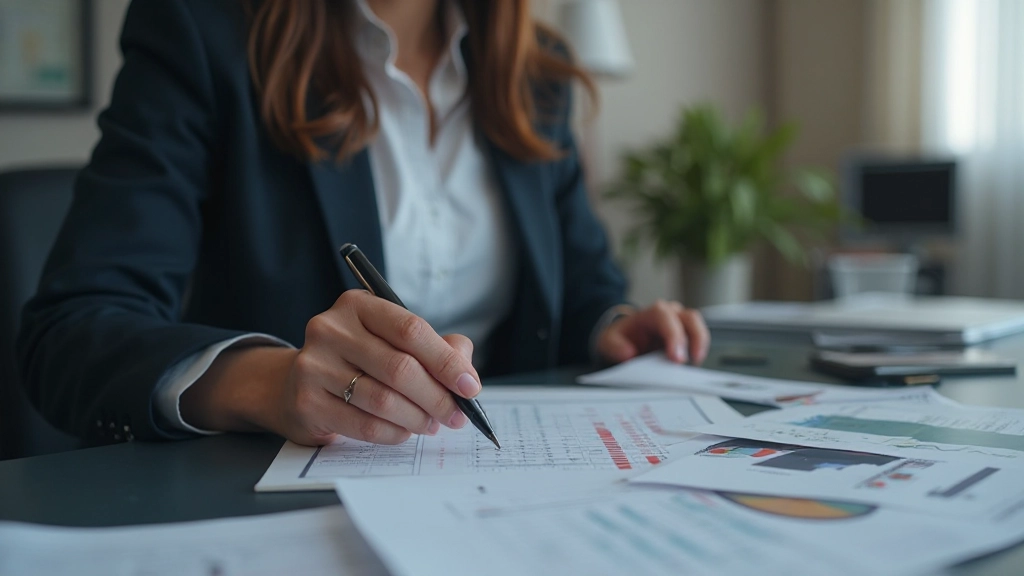 Geschäftsfrau mit Stift überprüft Finanzberichte und Investitionsdaten am Schreibtisch