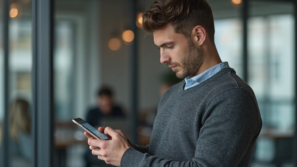 Junger Investor überprüft Börsennotierungen und Echtzeit-Aktiendaten auf Smartphone