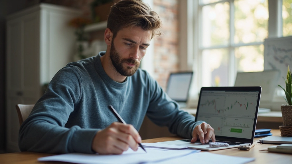 Junger Investor notiert Handelsnotizen während Analyse von Börsencharts im Home Office
