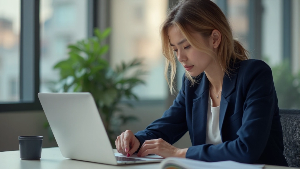 Junge Finanzanalystin mit Notizbuch sitzt an modernem Schreibtisch mit Laptop