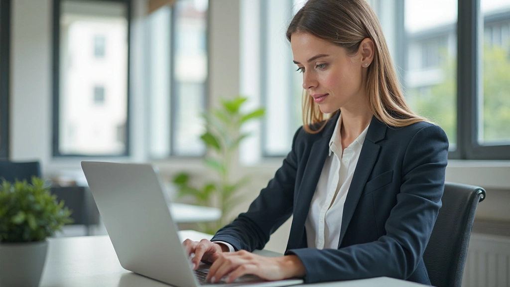 Junge Finanzprofessionelle mit Laptop arbeitet an Anlageanalyse im modernen Büro